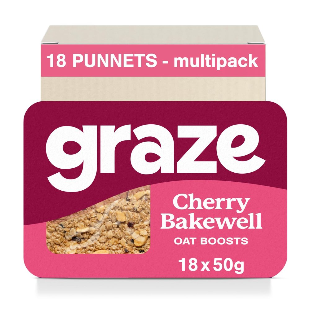 Graze Cherry bakewell Oat Flapjacks, Vegetarian Snacks, 3 Bars per Punnet, Whole Oats & Natural Flavours - Packaging may vary - (18 x 50g Snacks)(Cherry Bakewell)