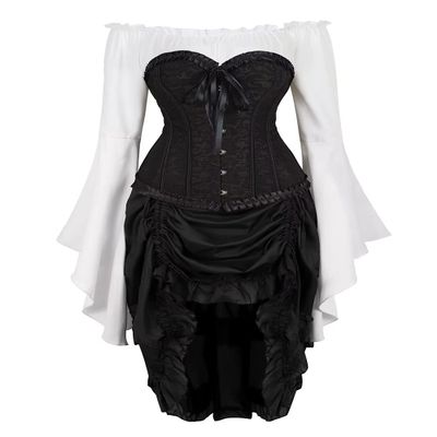jutrisujo Corset Tops for Women Dress Skirt with Tutu 3 Set Plus Size Vintage Lace up Gothic Costume Halloween Black L