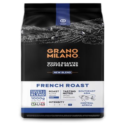 Grano Milano French Roast Robusta & Arabica Coffee Beans 1kg  Extra Strong Dark Roast Espresso, Intensity 5/5, Southeast Asia & Central Africa Origins, Roasted in Italy (Packaging May Vary)