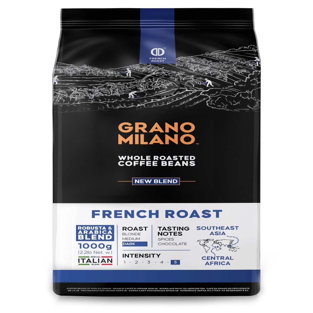 Grano Milano French Roast Robusta & Arabica Coffee Beans 1kg  Extra Strong Dark Roast Espresso, Intensity 5/5, Southeast Asia & Central Africa Origins, Roasted in Italy (Packaging May Vary)