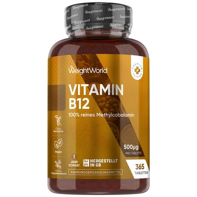 Vitamin B12 Tablets - 365 Tablets - 1 Year Supply - 1 a Day - 500mcg - Easy to Swallow & Small in Size (6mm) - Bioavailable Methylcobalamin Form - Vegan Vitamin B12 Supplement for Men & Women