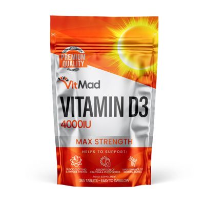Vitamin D3 4000IU - 365 Tablets - High Strength Immune & Bone Support - Non-GMO, Sunshine Vitamin Supplement