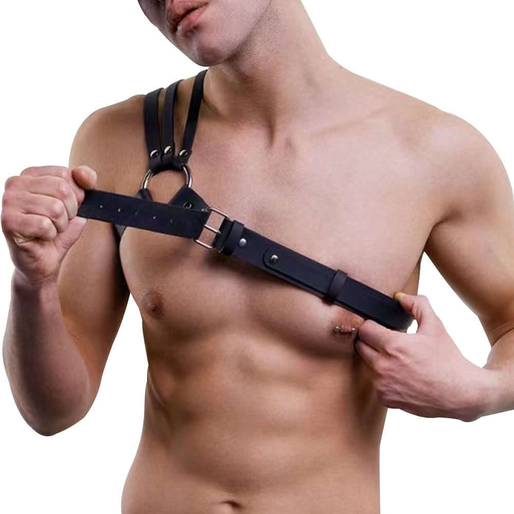YEMYIQZ PU Leather Harness For Men Adjustable Buckle Body Chest Garter Belt Cosplay Nightclub Sexy Punk Chest Belt Clubwear, Side Strap