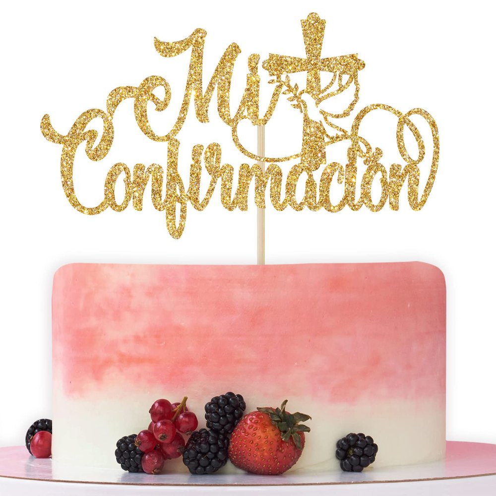Mi Confirmacin Cake Topper, First Holy Communion Decorations, Wedding, Bridal Shower, God Bless, Spanish Baptism Party Decorations Gold Glitter