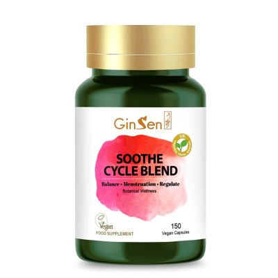 GinSen Soothe Cycle Blend, Natural PMS Relief for Women, Period Management, 150 Capsules, Vegan Approved Supplement, Made in UK