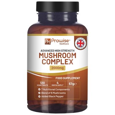 Advanced Mushroom Complex 2000mg | A Super Blend of 6 Mushrooms with Lion's Mane, Chaga, Cordyceps, Shiitake, Reishi and Maitake with Black Pepper | 120 Vegan High Strength Tablets UK Made by Prowise