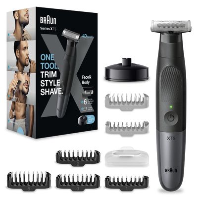 Braun Series XT5 Face & Body, Electric Shaver, Beard Trimmer & Body Groomer, +8 Accessories, Sharp 4D Flex Blade, Charging Station, Durable, 6 Months, 45 Minutes Runtime, XT5300, Grey