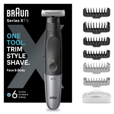 Braun Series XT5 Face & Body, Electric Shaver, Beard Trimmer & Body Groomer, +7 Accessories, Sharp 4D Flex Blade, Sensitive Comb Attachment, Durable, 6 Months, 45 Minutes Runtime, XT5200, Grey