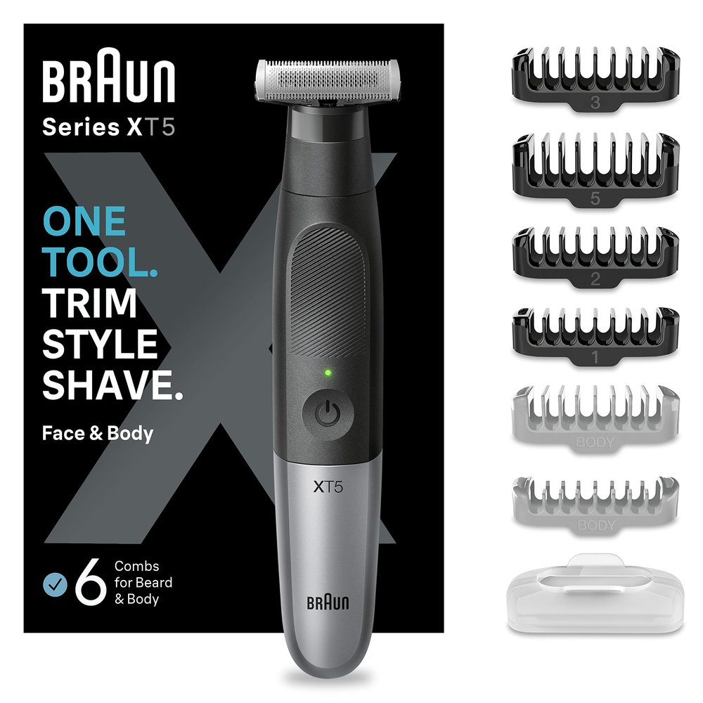 Braun Series XT5 Face & Body, Electric Shaver, Beard Trimmer & Body Groomer, +7 Accessories, Sharp 4D Flex Blade, Sensitive Comb Attachment, Durable, 6 Months, 45 Minutes Runtime, XT5200, Grey