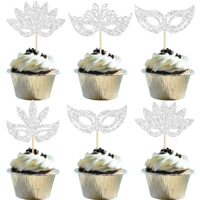 24Pcs Masquerade Masks Cupcake Toppers Glitter Bachelorette Party Mask Cupcake Food Picks Masquerade Mardi Gras Party Baby Shower Birthday Party Cake Decorations Silver