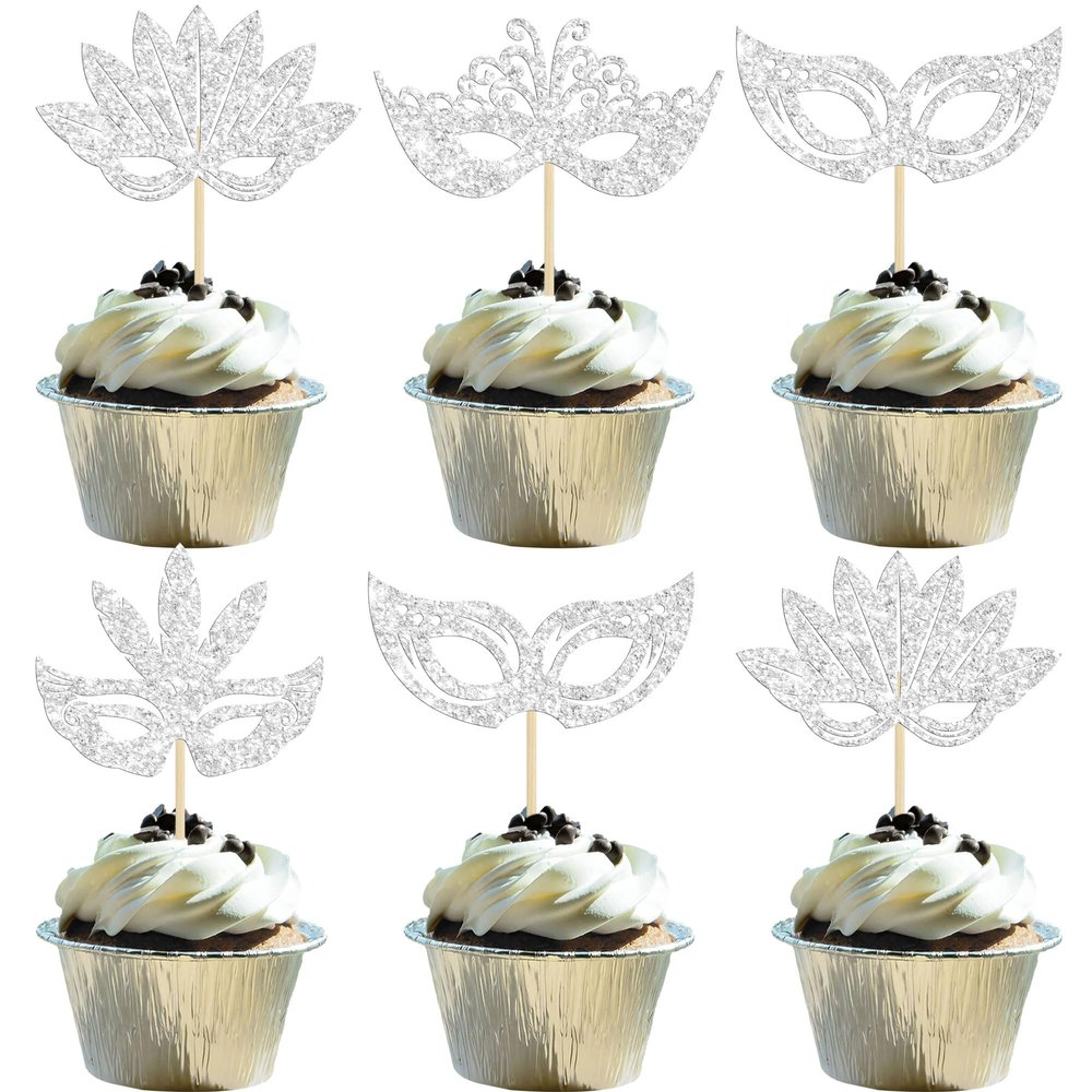 24Pcs Masquerade Masks Cupcake Toppers Glitter Bachelorette Party Mask Cupcake Food Picks Masquerade Mardi Gras Party Baby Shower Birthday Party Cake Decorations Silver