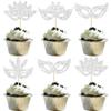 24Pcs Masquerade Masks Cupcake Toppers Glitter Bachelorette Party Mask Cupcake Food Picks Masquerade Mardi Gras Party Baby Shower Birthday Party Cake Decorations Silver