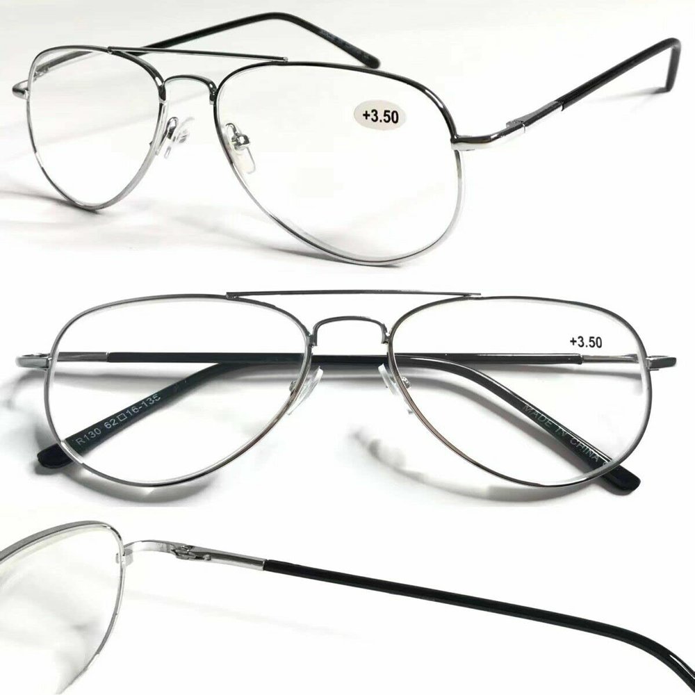2 Pairs Silver Classic Stylish Double Bridge Metal Reading Glasses R294 Specs +3.50