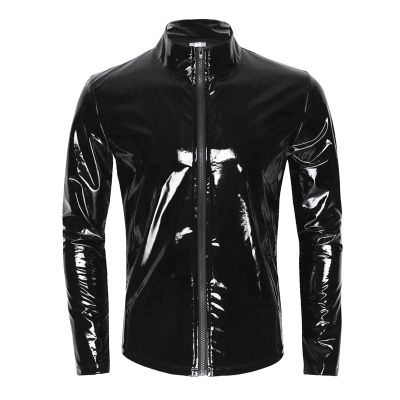 Beokeuioe Men's patent look jacket, men's t-shirt, undershirt, wet look tops, muscle shirt, patent leather mesh with stand-up collar, sexy party, clubwear, patent look, wet look blouse, B Black, L