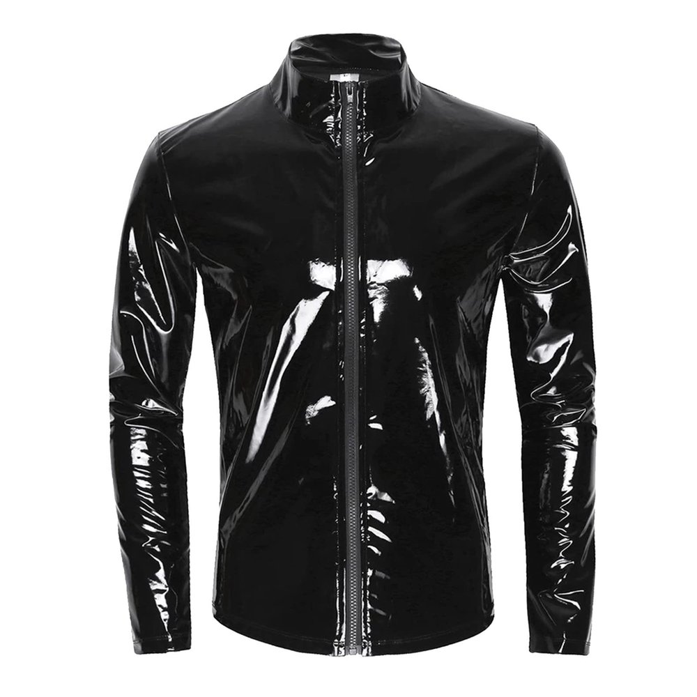 Beokeuioe Men's patent look jacket, men's t-shirt, undershirt, wet look tops, muscle shirt, patent leather mesh with stand-up collar, sexy party, clubwear, patent look, wet look blouse, B Black, L