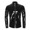 Beokeuioe Men's patent look jacket, men's t-shirt, undershirt, wet look tops, muscle shirt, patent leather mesh with stand-up collar, sexy party, clubwear, patent look, wet look blouse, B Black, L view 1