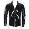Beokeuioe Men's patent look jacket, men's t-shirt, undershirt, wet look tops, muscle shirt, patent leather mesh with stand-up collar, sexy party, clubwear, patent look, wet look blouse, B Black, L view 4