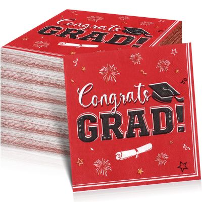 100 Pcs Graduation Napkins Party Supplies, 2026 Graduation Red Napkins Disposable Decorations, Congrats Grad Colored Paper Guest Napkins, Decorative Paper Hand Towels for Graduation Party Supplies