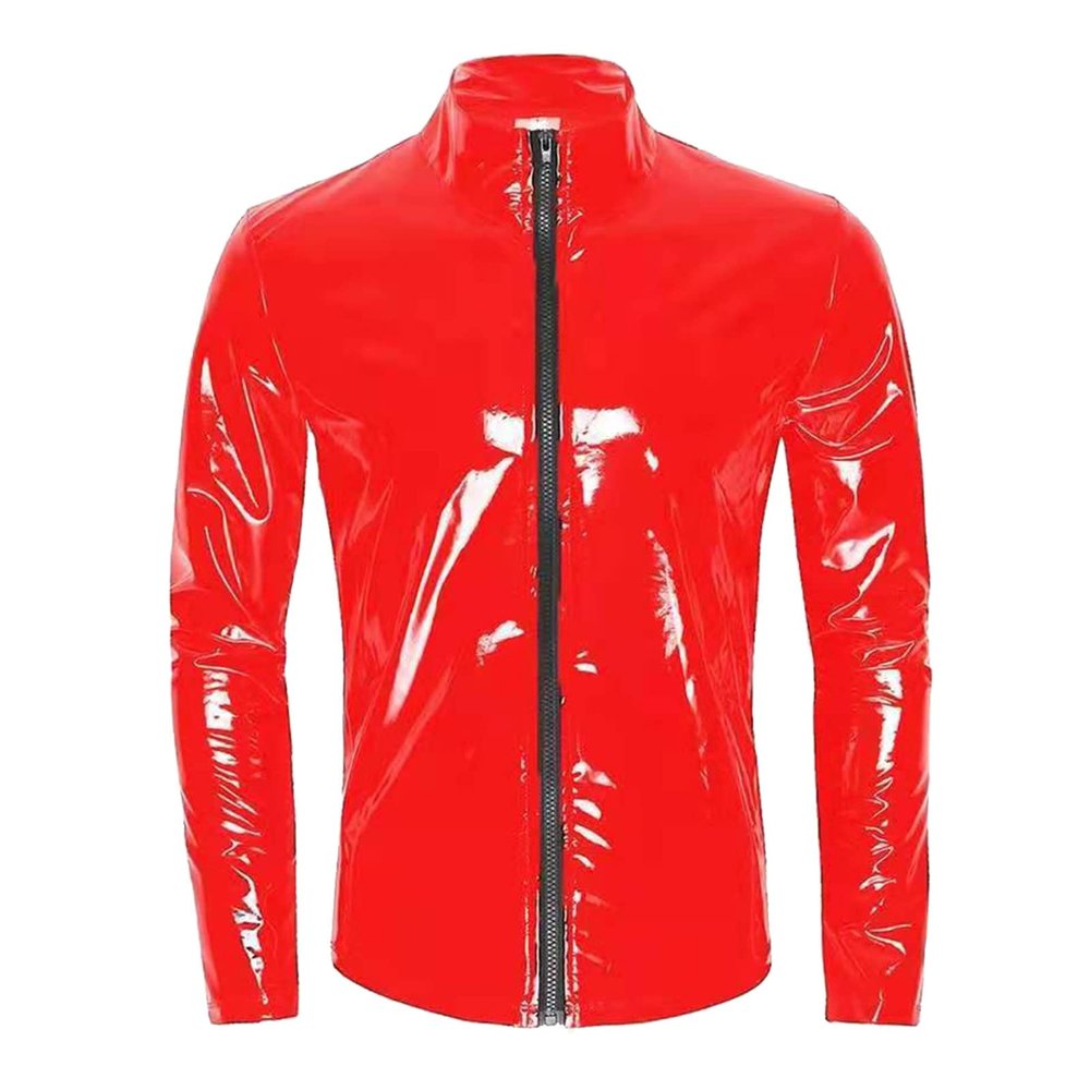 Beokeuioe Men's Patent Look Jacket Men's T-Shirt Undershirt Wetlook Tops Muscle Shirt Patent Leather Mesh with Stand-Up Collar Sexy Party Clubwear Patent Look Wetlook Blouse, B Red, XL