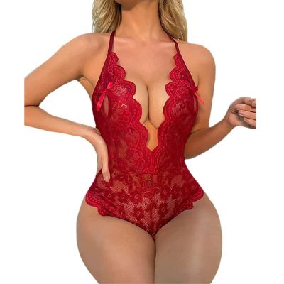 ROSVAJFY Sexy Lace Bodysuit for Women One Piece Naughty Lingerie Deep V-Neck Hollow Out Teddy Babydoll Transparent Backless Negligee Cutout Wasit Mesh Slim Bodycon Stretch Jumpsuit Oneise (Red, S)