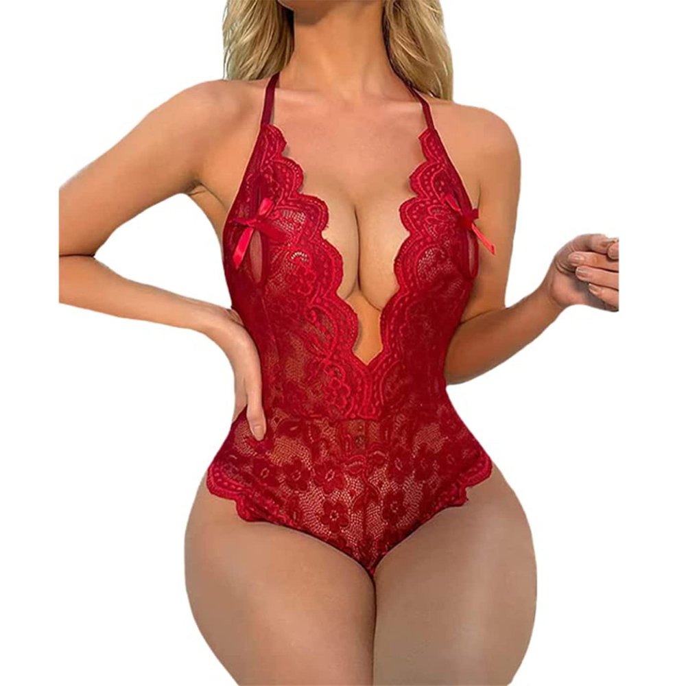 ROSVAJFY Sexy Lace Bodysuit for Women One Piece Naughty Lingerie Deep V-Neck Hollow Out Teddy Babydoll Transparent Backless Negligee Cutout Wasit Mesh Slim Bodycon Stretch Jumpsuit Oneise (Red, S)