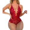 ROSVAJFY Sexy Lace Bodysuit for Women One Piece Naughty Lingerie Deep V-Neck Hollow Out Teddy Babydoll Transparent Backless Negligee Cutout Wasit Mesh Slim Bodycon Stretch Jumpsuit Oneise (Red, S) view 1