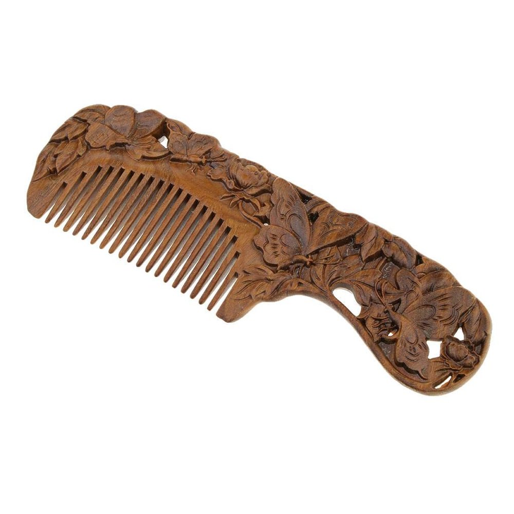 barenx Antique Natural Sandalwood Wood Carving Comb Wide Teeth Anti-static Massage Scalp