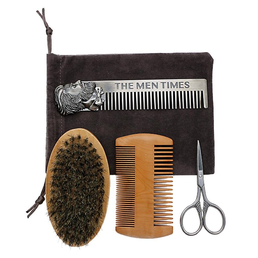 barenx Kit Of 4 - Portable Beard Brush/Beard Scissor/Lice Comb/Steel Wide Tooth Comb ?Bristle Wood Brush,Healthy,Safety for Beards,Moustache,Whisker