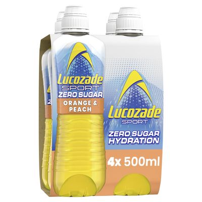 Lucozade Sport Zero Sugar - Orange & Peach 4x500ml | Sugar Free Sports Drink, with Vitamin B3 and electrolyte | Zero Sugar | Only 4 calories per serving | Still | Made with Natural Flavours