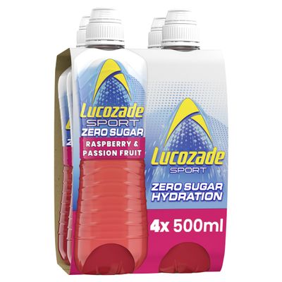 Lucozade Sport Zero Sugar - Raspberry and Passionfruit 4x500ml | Sugar Free Sports Drink, with Vitamin B3 and electrolyte | Only 4 calories per serving | Still | Made with Natural Flavours