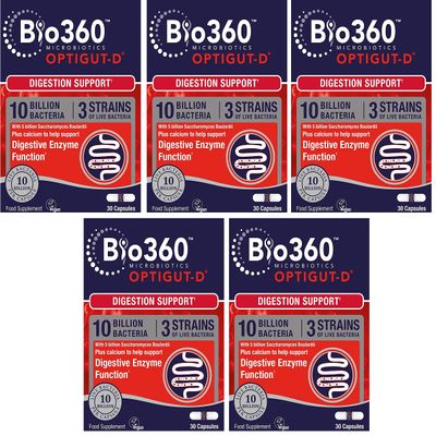 Natures Aid Bio360 OptiGUT-D (10 Billion Bacteria), Digestion Support, 30 Capsules (Pack of 5)