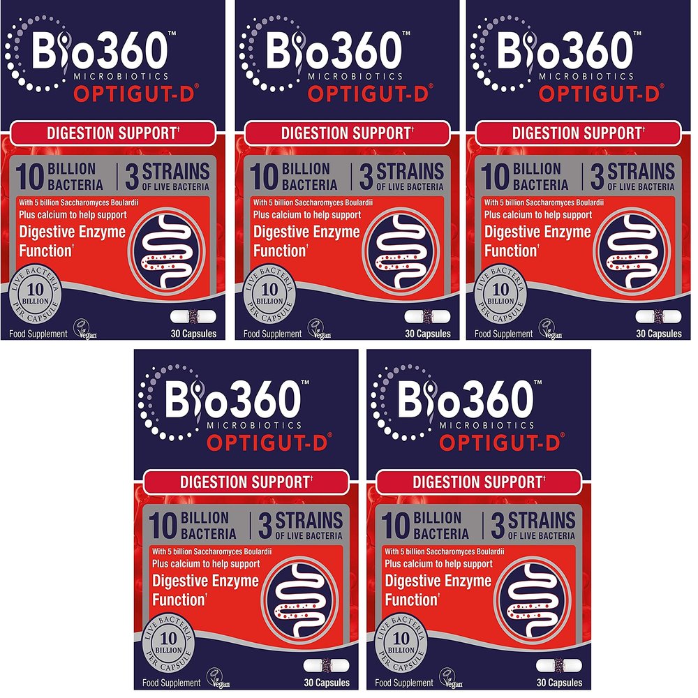 Natures Aid Bio360 OptiGUT-D (10 Billion Bacteria), Digestion Support, 30 Capsules (Pack of 5)