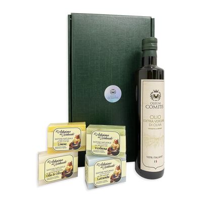 Oleum Comitis - Extra Virgin Olive Oil 100% Italian Cold Pressed - Gift Box with 500 ml Bottle and 4 Natural Soaps of 100 g