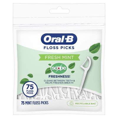 Oral-B Burst of Scope Dental Floss Picks, Fresh Mint, 75 Count Each, Pack of 6 (450 Count Total)
