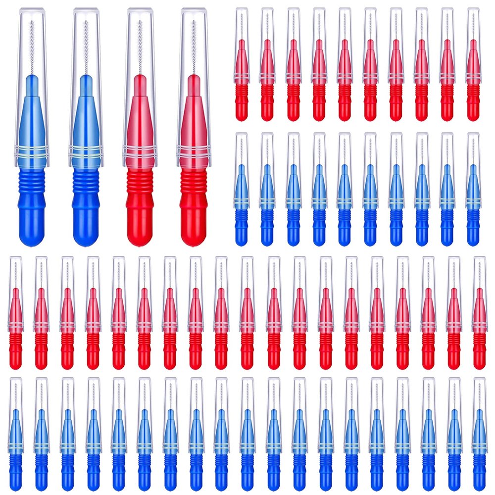 GOUWEIBA 100 Pcs Interdental Brushes, Soft Toothpicks Tooth Flossing Head, Oral Dental Hygiene Brush Dental Hygiene Flosser Tooth Cleaning Tools for Braces Oral Cleaning (Blue+red)