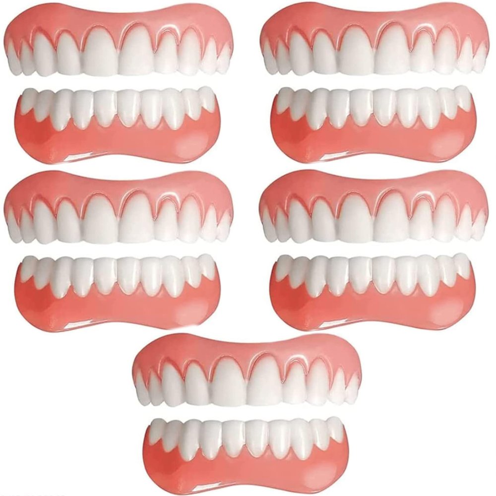 WoCOyo Dentures Cosmetic Veneer Reusable Whitening Temporary Prosthesis Teeth Top Bottom False Teeth Comfortable Natural Silica Gel Dental Prostheses for Men And Women,5pairs