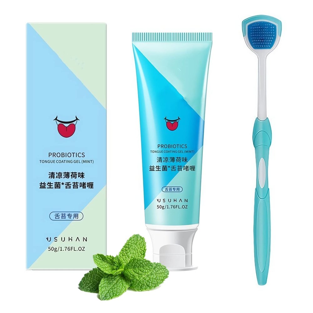2023 New Probiotic Tongue Cleaning Gel Set, Tongue Scraper Precise Cleaning Brush Kit, Easy To Use Tongue Scrubber for Men Women with 1Tongue Brush (Mint)