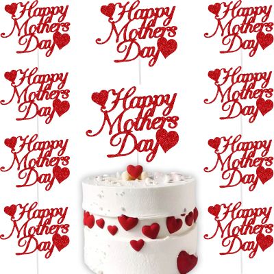 15pcs Happy Mothers Day Cake Topper Red Glitter Cake Topper Mother's Day Cupcake Topper Heart Shaped Cake Picks Cake Accessories