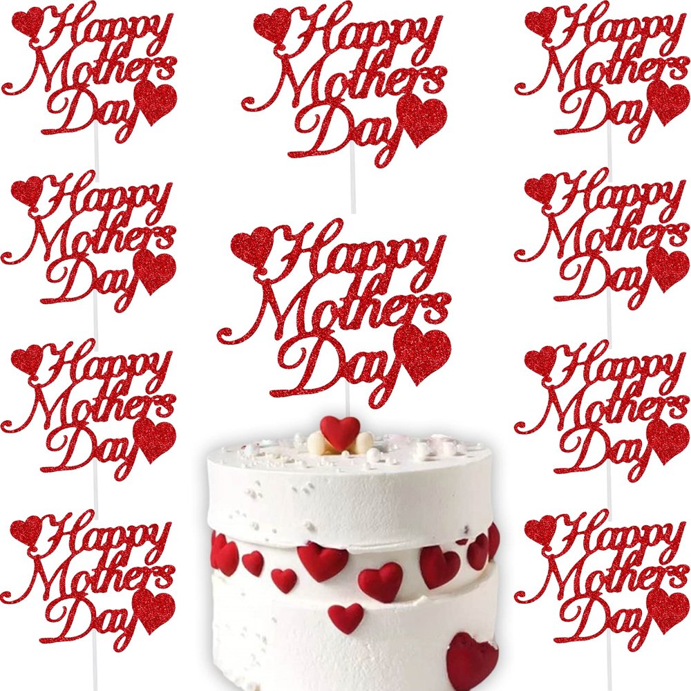 15pcs Happy Mothers Day Cake Topper Red Glitter Cake Topper Mother's Day Cupcake Topper Heart Shaped Cake Picks Cake Accessories