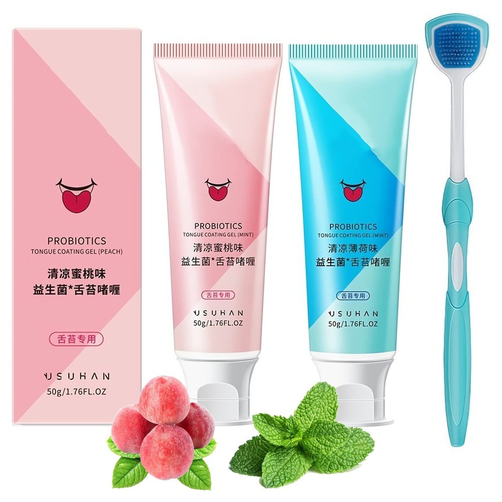 2023 New Probiotic Tongue Cleaning Gel Set, Tongue Scraper Precise Cleaning Brush Kit, Easy To Use Tongue Scrubber for Men Women with 1Tongue Brush (Mint+Peaches)
