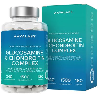 Glucosamine and Chondroitin High Strength with MSM, Boswellia Extract & Vitamin C - Glucosamine Complex - Fish and Crustacean Allergen Free - 180 Capsules (3 Capsules Daily)