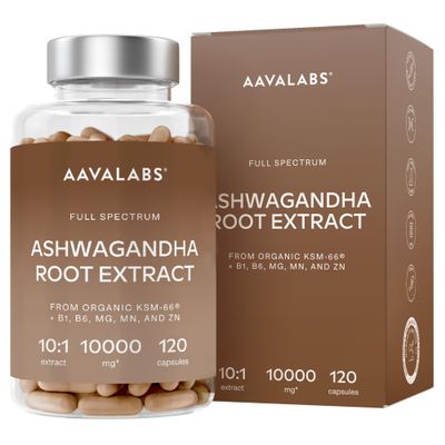 Ashwagandha KSM 66 -1000mg (Highly Concentrated 10:1 Extract Ratio Equivalent to 10,000mg per Serving)of which 5% Withanolides-with Vitamin B6, B1, Zinc, Magnesium & Manganese-120 Ashwagandha Capsules