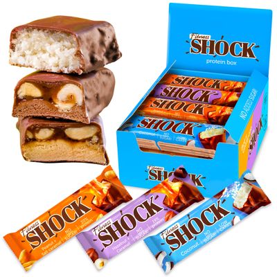 Fitnesshock Protein Bars No Sugar Added, Low Carb, High Fiber Snacks  3 Delicious Chocolate Flavors | Variety Flavour Box | 12x50g