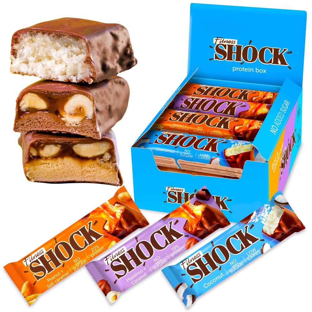 Fitnesshock Protein Bars No Sugar Added, Low Carb, High Fiber Snacks  3 Delicious Chocolate Flavors | Variety Flavour Box | 12x50g