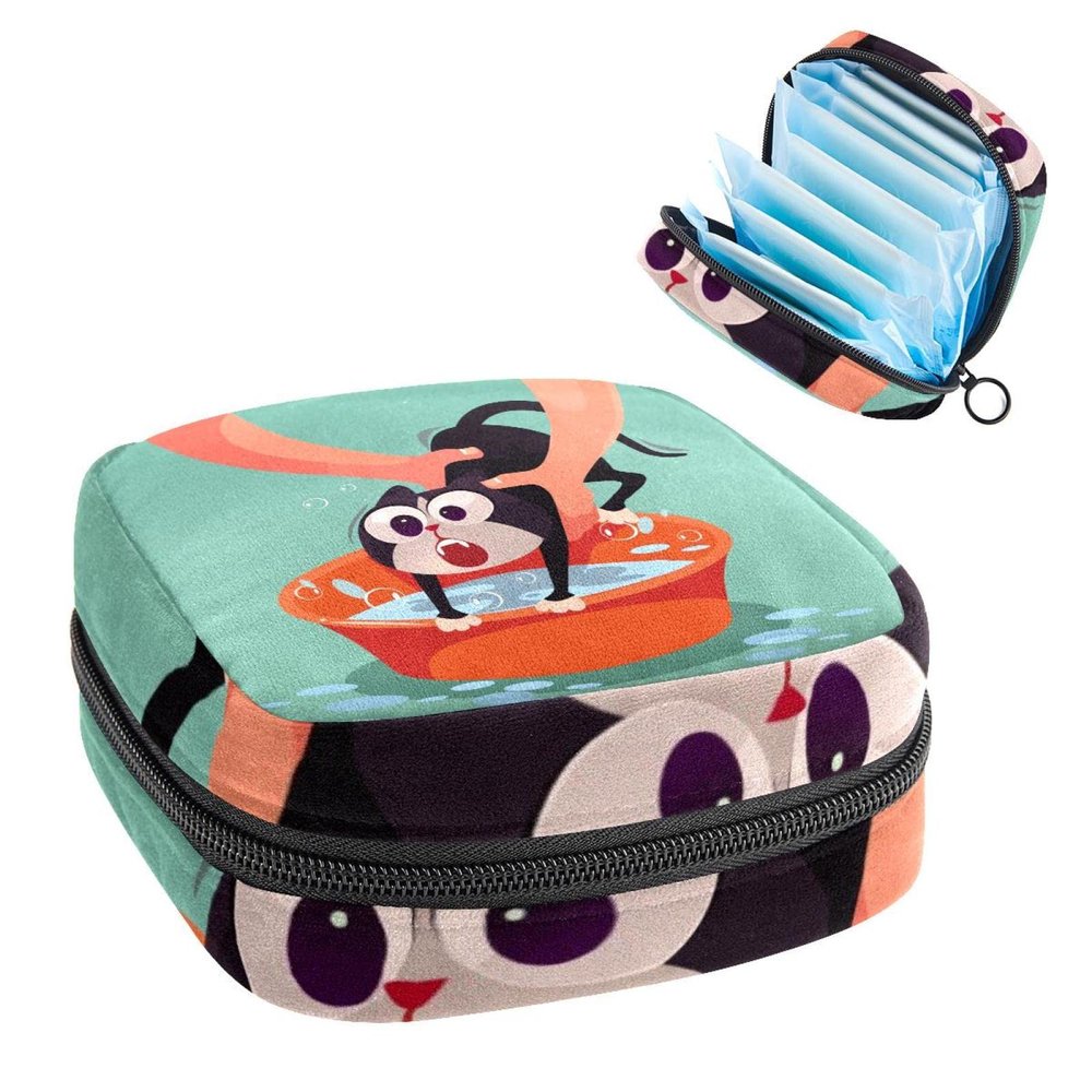Sanitary Napkin Storage Bag, Menstrual Cup Pouch Tampon Bag, Period Pads Holder Organizer for Women Girls, Angry Cat Scare Bathing