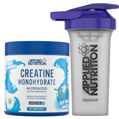 Applied Nutrition Creatine + 700ml Shaker | Creatine Monohydrate Micronized Powder with Flavour, Increases High-Intensity Physical Performance (250g - 50 Servings) (ICY Blue Razz)