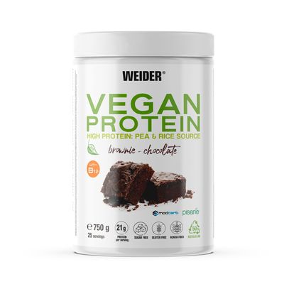 Weider Vegan Protein (750g) Brownie-Chocolate Flavour. 23g Protein/dose, Pea Isolate (Pisane) & Rice Protein. With Vitamin B12 & Stevia. Gluten Free, Sugar Free. Packaging 50% Recycled 100% Recyclable