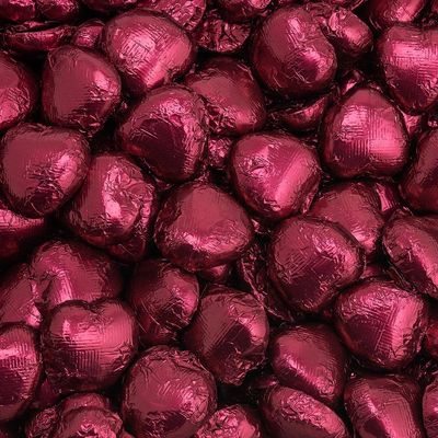 Italian Options Milk Chocolate Foiled Hearts, 50 Chocolates, Burgundy Foil