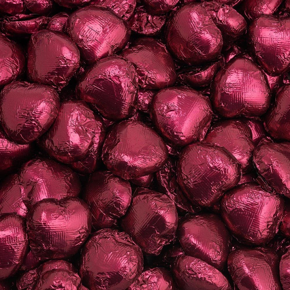 Italian Options Milk Chocolate Foiled Hearts, 50 Chocolates, Burgundy Foil