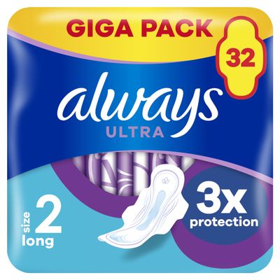 Always Ultra Women's Sanitary Pads Size 2, Long (32 Sanitary Towels with Wings) Giga Pack, Thin and Super Absorbent, Odour-Neutralising and Leakage Protection
